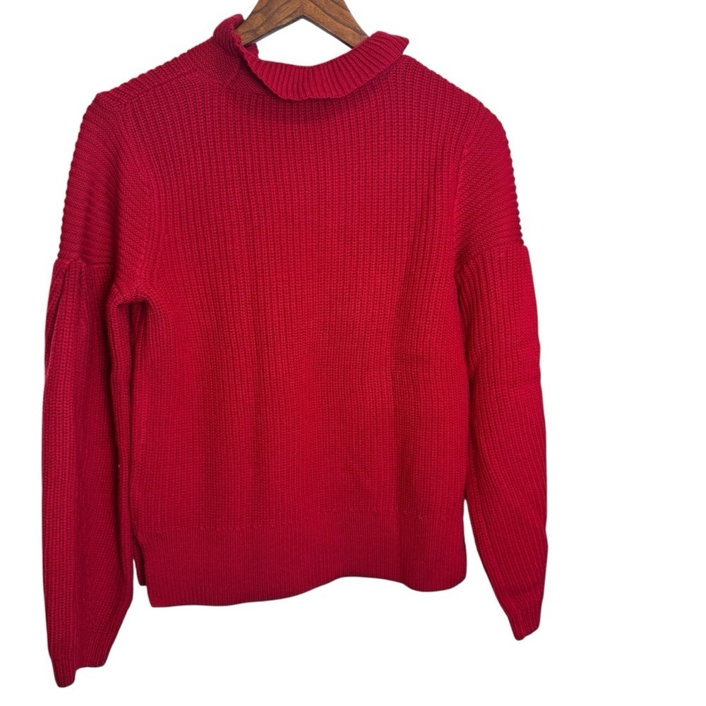 Club Monaco Red 100% Merino Wool Ruffle Neck Balloon Sleeve Sweater Women's Sm - Picture 3 of 11
